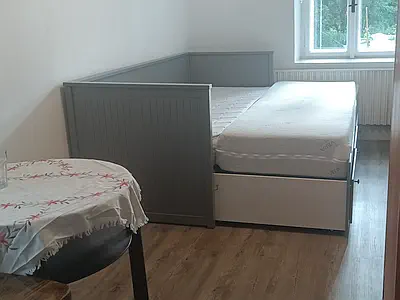 Šedá rozkládací postel v pokoji u okna a kulatý stůl